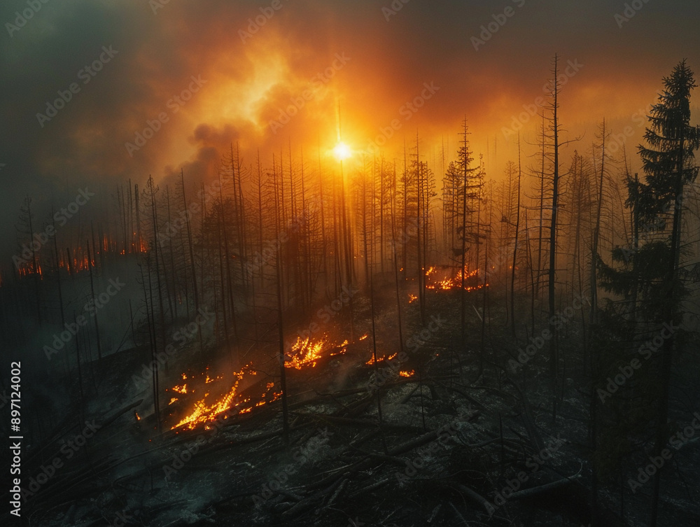Aerial View of a Forest Fire at Sunset With Burning Trees and Smoke Aerial View of a Forest Fire at Sunset With Burning Trees and Smoke