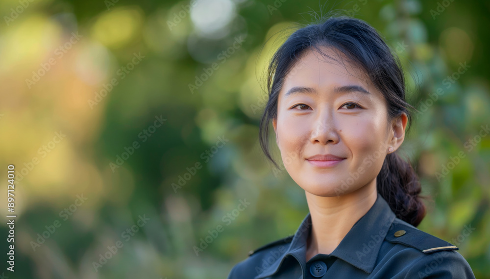 Confident attractive Asian woman officer in the military, police, or another governmental security agency. Law enforcement. Confident attractive Asian woman officer in the military, police, or another governmental security agency. Law enforcement.