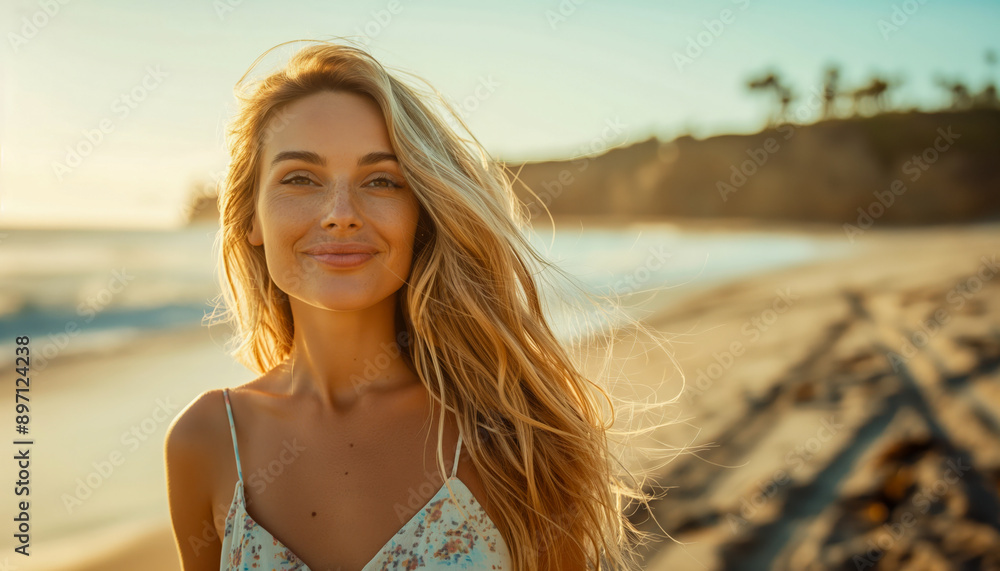 Joyful young blonde woman walks along the coast in summer. Outdoors pursuit. Beautiful girl on the beach.
Joyful young blonde woman walks along the coast in summer. Outdoors pursuit. Beautiful girl on the beach.