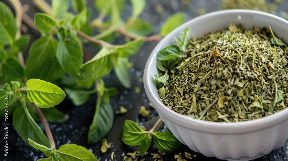 Close Up of Fresh and Dried Oregano Sprigs in White Bowl Close Up of Fresh and Dried Oregano Sprigs in White Bowl