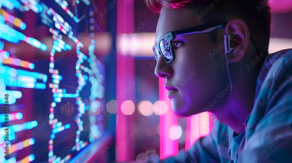 A sleek software engineer coding on a transparent screen in a neon-lit office style A sleek software engineer coding on a transparent screen in a neon-lit office style