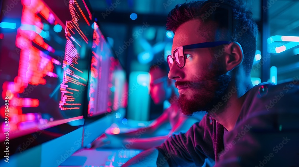 Obraz premium Focused Programmer Working Late at Night with Neon Lights
