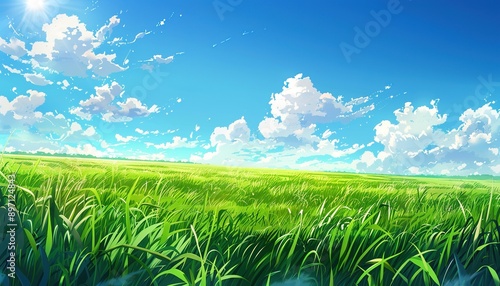 A field of grass with a blue sky in the background, anime cartoon style