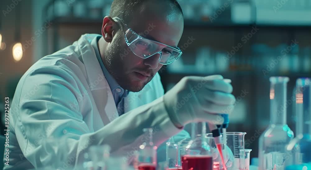 A man in a lab coat is working with chemicals. He is wearing safety goggles and gloves. The lab is filled with various glassware, including beakers, test tubes, and vials. The atmosphere is serious A man in a lab coat is working with chemicals. He is wearing safety goggles and gloves. The lab is filled with various glassware, including beakers, test tubes, and vials. The atmosphere is serious