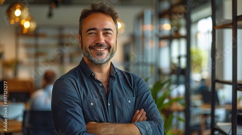 A mature man with a warm smile and confident posture, arms crossed, in a modern office setting. 