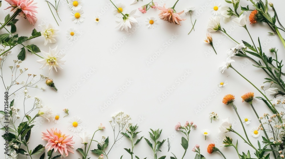 Summer flowers frame on white paper mockup top view Summer flowers frame on white paper mockup top view