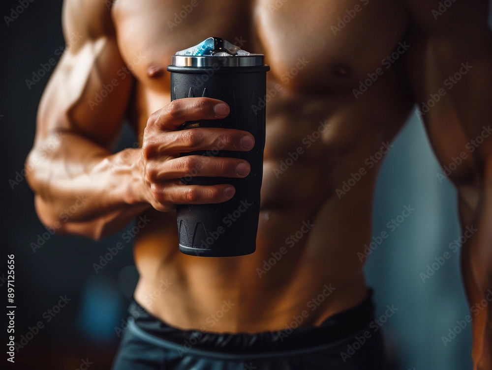 Naklejka premium Muscular Man Holding Protein Shake After Workout