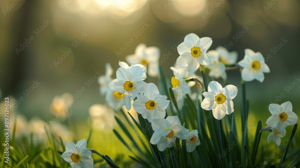 The lovely sight of white daffodils blooming vibrantly in a garden as the sun sets in the sky The lovely sight of white daffodils blooming vibrantly in a garden as the sun sets in the sky