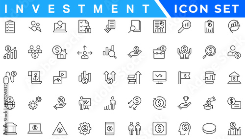 Accounting and audit icons set. Related to accounting, audit, taxes. Outline icon collection. Editable stroke illustration. Vector ui and web icon.