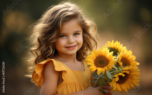 a girl holding a bouquet of sunflowers © Milena