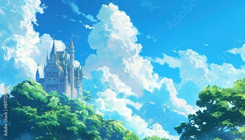 castle is shown in the sky with clouds and trees, anime cartoon style