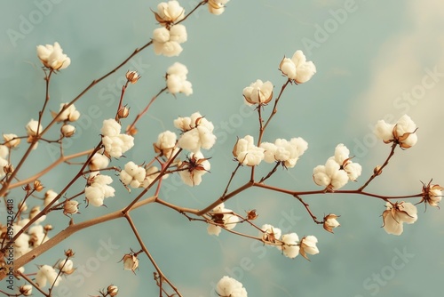 Cotton plant growing on a branch with blue sky background © ylivdesign