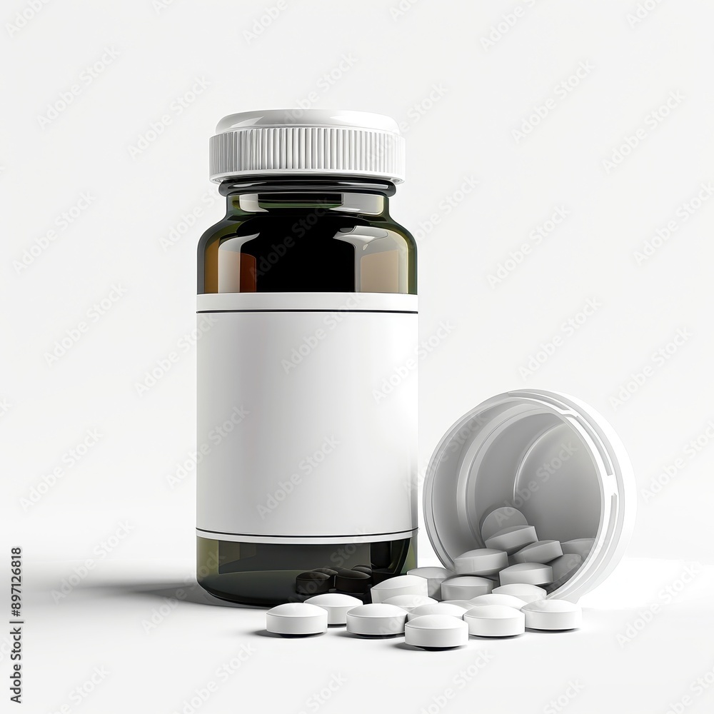 Dark Pill Bottle with Loose Tablets on Clean White Background, Ideal for Healthcare, Medicine, and Pharmaceutical Concepts Dark Pill Bottle with Loose Tablets on Clean White Background, Ideal for Healthcare, Medicine, and Pharmaceutical Concepts