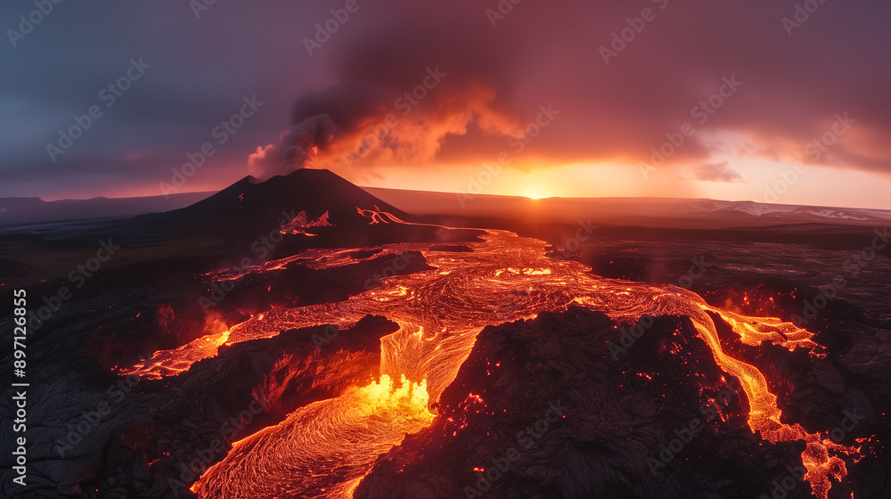 Fototapeta premium Dramatic volcanic eruption with flowing lava at dusk. Generative AI image