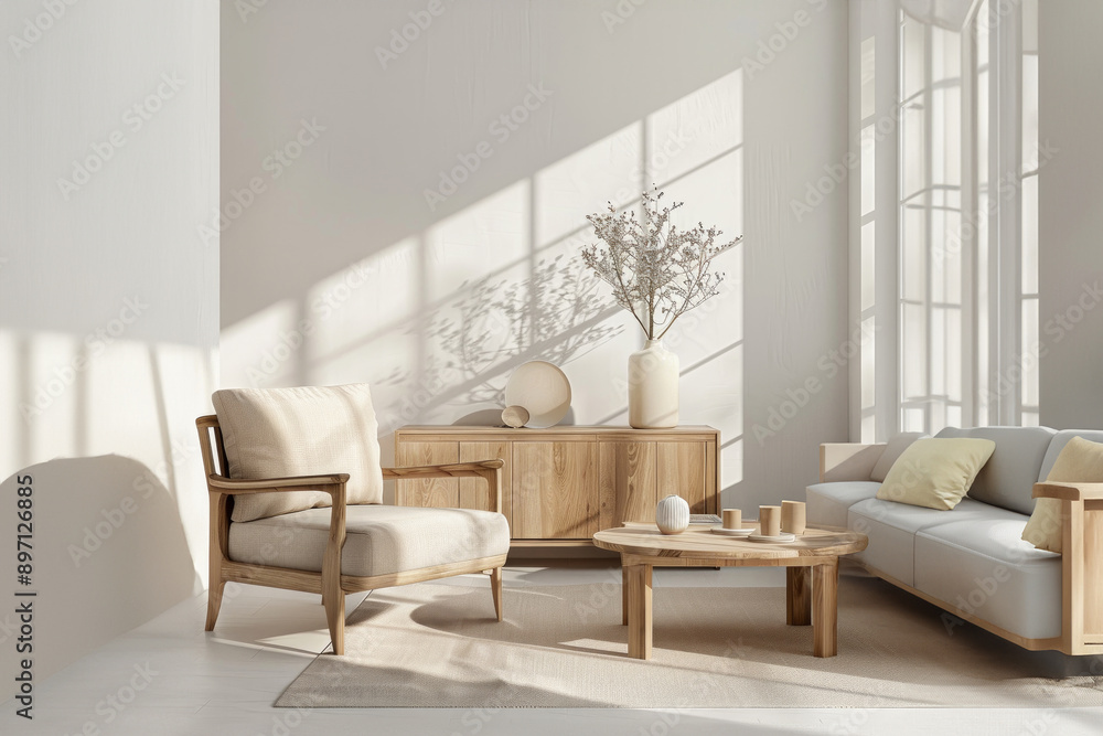 Fototapeta premium Modern minimalist living room with subtle natural light. Generative AI image