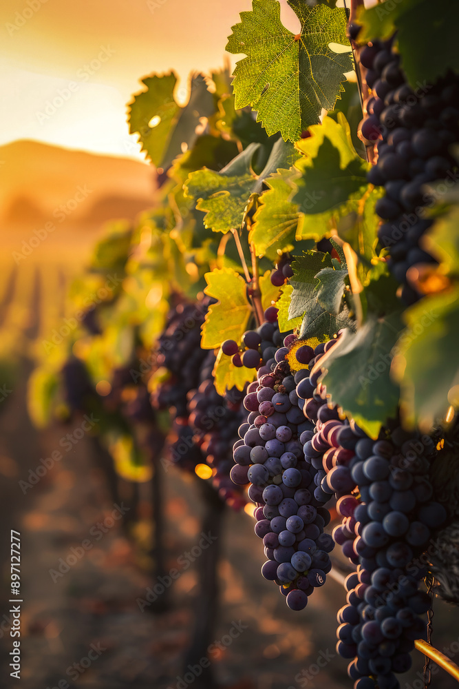 Fototapeta premium Sun-kissed grapevines ready for harvest at dusk. Generative AI image