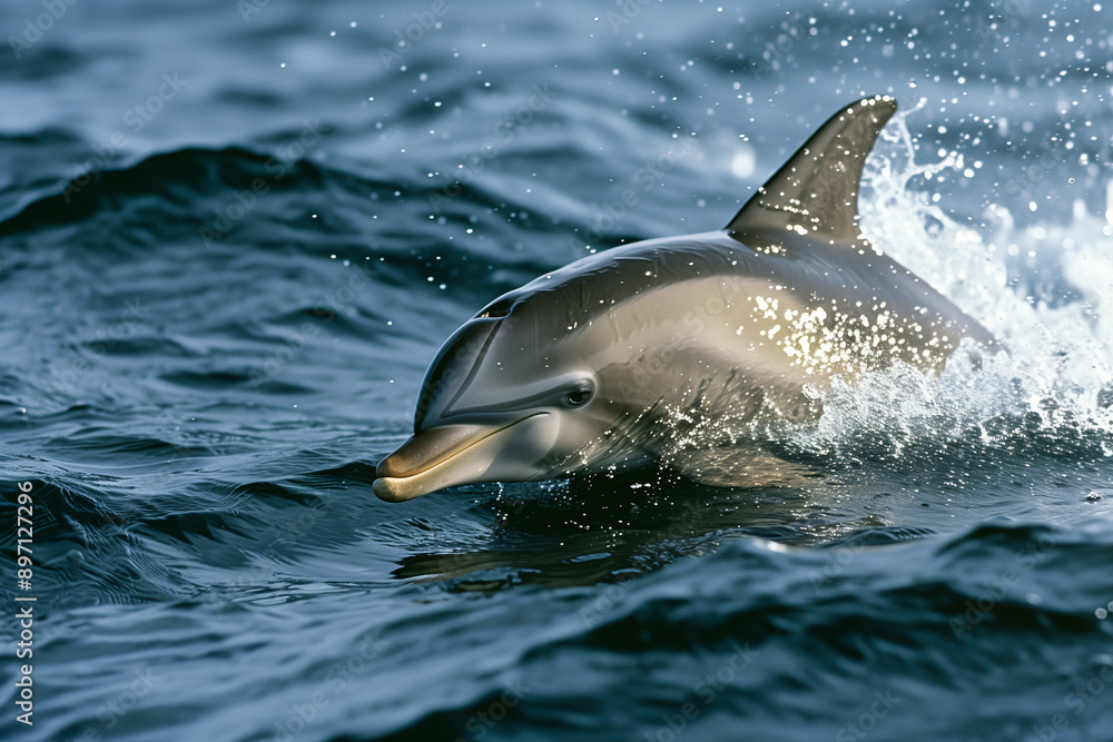 Fototapeta premium Dolphin gracefully swimming in shimmering ocean waters. Generative AI image