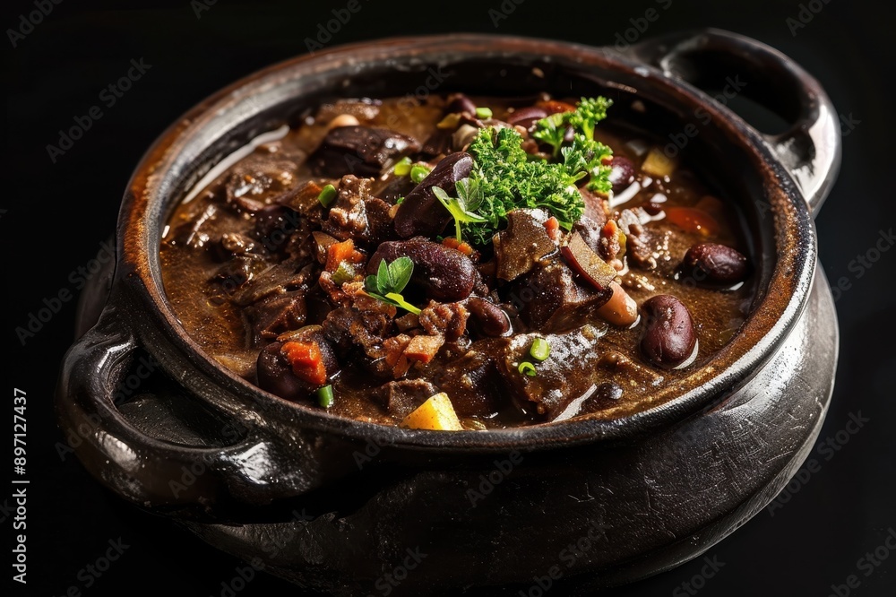 Black Bean Stew with Vegetables and Herbs in Earthenware Pot Black Bean Stew with Vegetables and Herbs in Earthenware Pot
