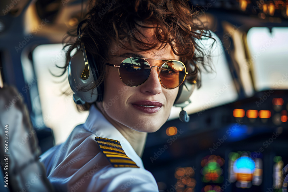 Confident female pilot in cockpit with sunglasses. Generative AI image Confident female pilot in cockpit with sunglasses. Generative AI image