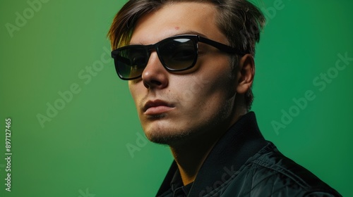 A person wearing sunglasses and a black jacket photo