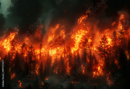 Intense wildfire raging through forest at dusk. Generative AI image