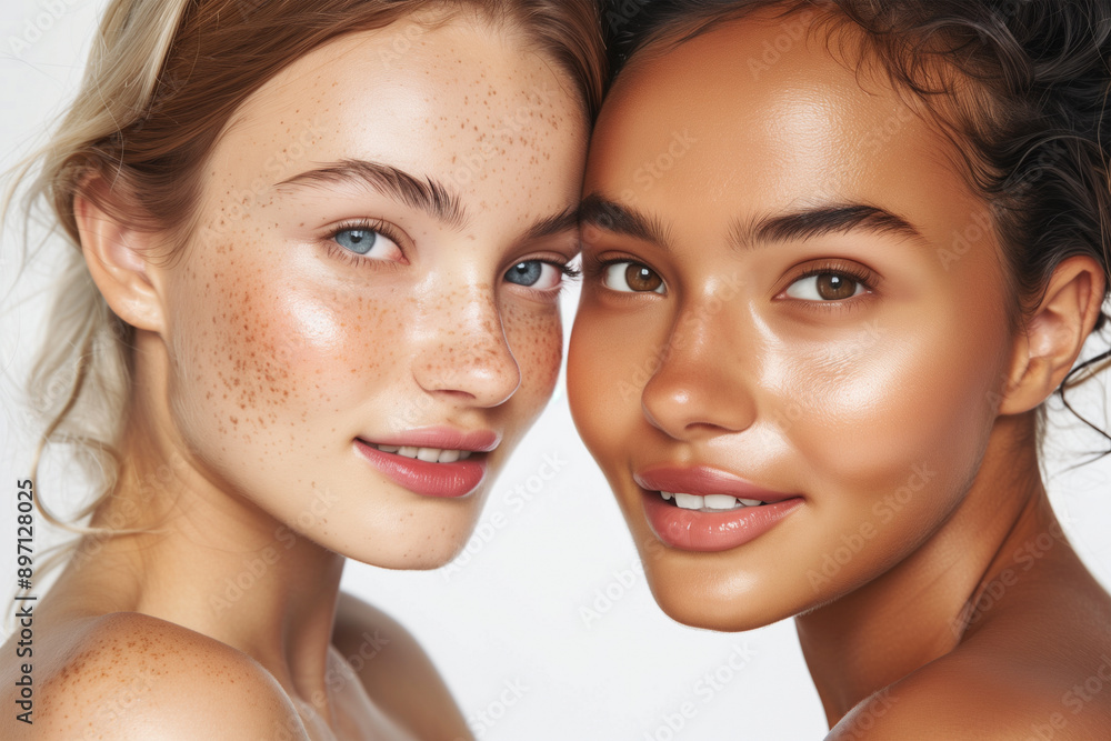 Diverse beauty with contrasting skin tones side by side. Generative AI image Diverse beauty with contrasting skin tones side by side. Generative AI image