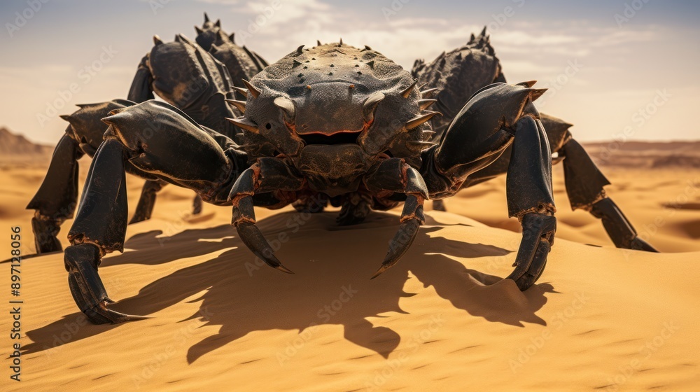 Obraz premium Photograph of a massive black scorpion emerging from the sands of a sun-scorched desert, its pincers raised in a menacing stance