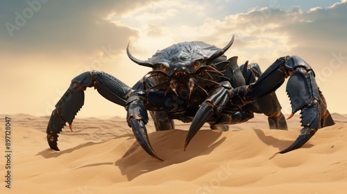 Photograph of a massive black scorpion emerging from the sands of a sun-scorched desert, its pincers raised in a menacing stance photo