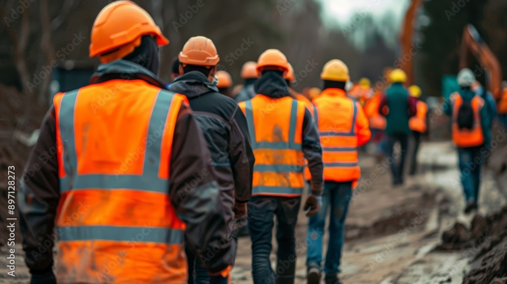 Construction workers in high-visibility vests walk in a line on a muddy construction site, symbolizing teamwork, safety, industry, development, and progress. Construction workers in high-visibility vests walk in a line on a muddy construction site, symbolizing teamwork, safety, industry, development, and progress.