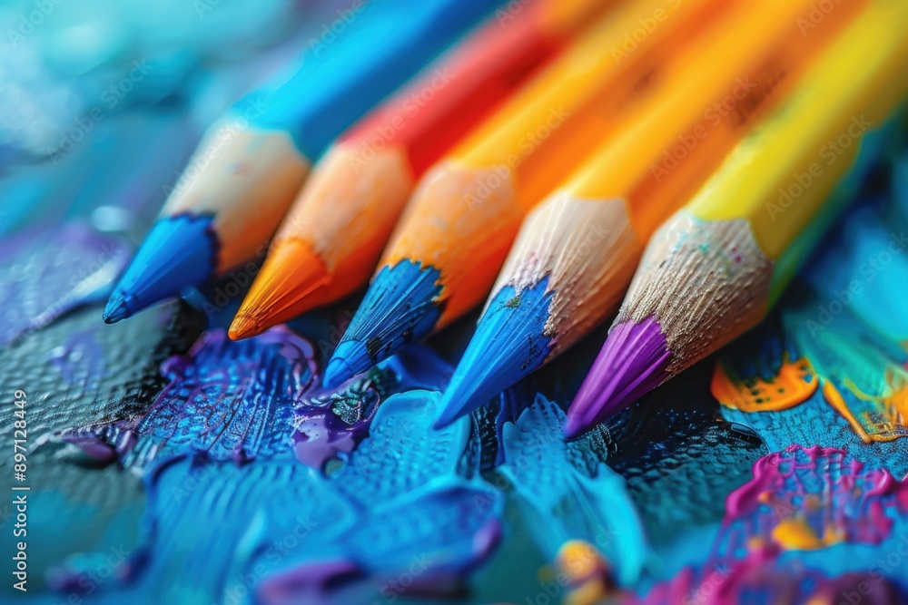 Obraz premium Brightly colored pencils are lined up on a blue surface, back to school concept