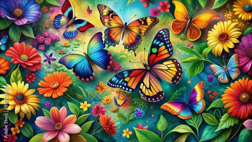 Vibrant multi-colored butterflies dance amidst a kaleidoscope of flowers, petals, and leaves, creating a whimsical abstract background that embodies the essence of nature's beauty.
