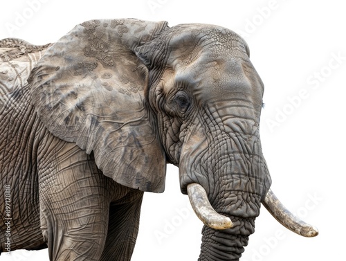 An elephant stands proudly in front of a white background, its distinctive tusks prominent photo