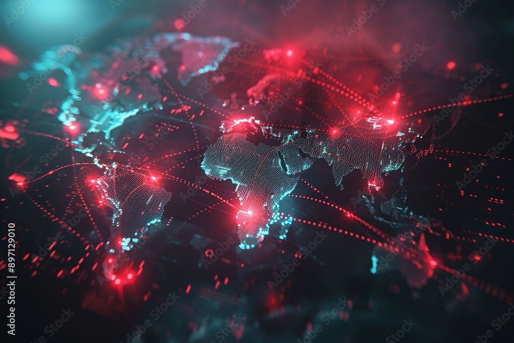 Fototapeta premium ai generative network of digital lines over a world map between continents connections