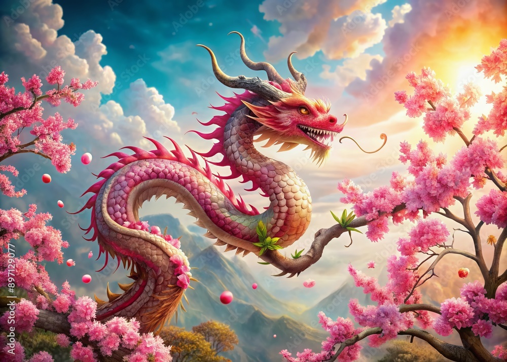 Vibrant pink sakura cherry blossoms sway behind a majestic watercolor dragon, symbolizing good fortune and prosperity in a stunning Chinese New Year artistic masterpiece. Vibrant pink sakura cherry blossoms sway behind a majestic watercolor dragon, symbolizing good fortune and prosperity in a stunning Chinese New Year artistic masterpiece.