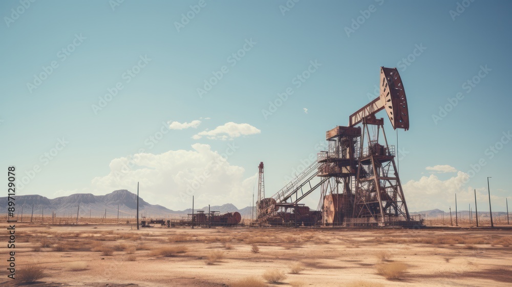Photograph of an oil rig worker dwarfed by the towering machinery of an active desert oil field, emphasizing the contrast between human scale and industrial might. Photograph of an oil rig worker dwarfed by the towering machinery of an active desert oil field, emphasizing the contrast between human scale and industrial might.