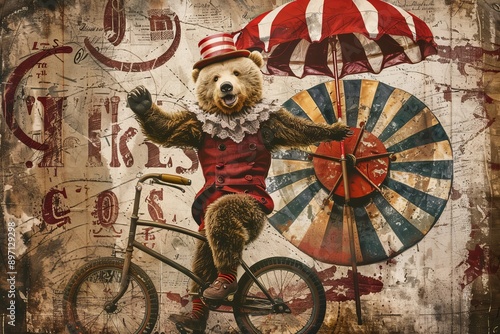 Jubilant Bear on Bicycle with Carnival Dartboard