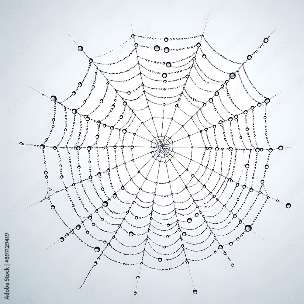 Obraz premium Spider web with dewdrops on a light background. Close up macro shot. Nature detail and water droplets. Design for poster, print, greeting card, invitation