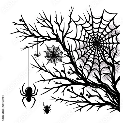 Silhouette of spiders and webs on tree branches. Halloween theme. Cobweb template for banners, posters, invitations and greeting cards