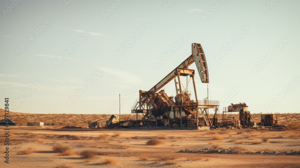 Photograph of an abandoned oil rig slowly being reclaimed by the desert, symbolizing the transience of human endeavors Photograph of an abandoned oil rig slowly being reclaimed by the desert, symbolizing the transience of human endeavors