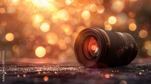 Professional camera lens with bokeh lights in the background