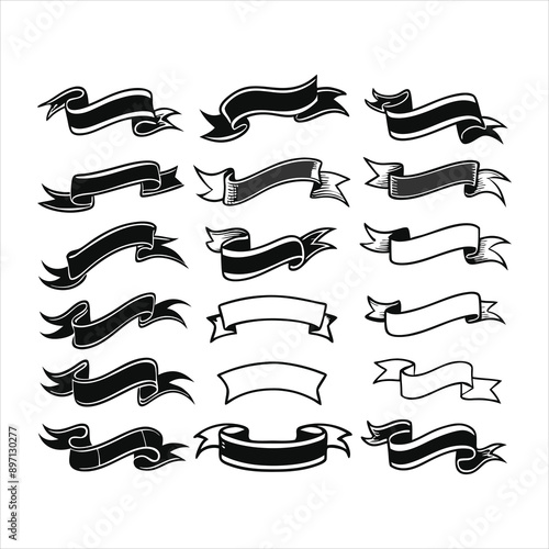 Hand-Drawn Monochrome Ribbon Vector Set – Elegant Decorative Elements