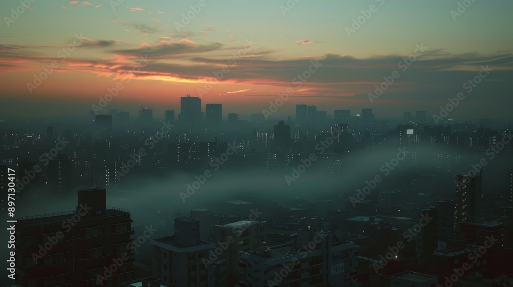 Fototapeta premium A picturesque view of a city skyline at sunset, with a layer of fog rolling in, symbolizing mystery, tranquility, and the transition between day and night. The silhouette of the buildings against the 