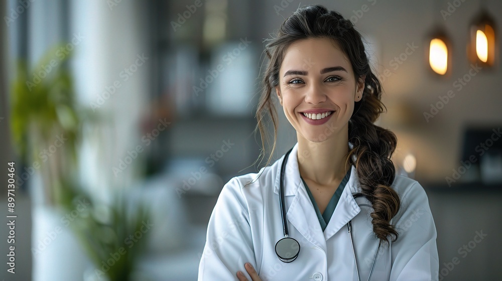 Confident Doctor, Ready to Care: A young female doctor smiles warmly, her stethoscope a symbol of trust and expertise in a modern medical setting. Confident Doctor, Ready to Care: A young female doctor smiles warmly, her stethoscope a symbol of trust and expertise in a modern medical setting.