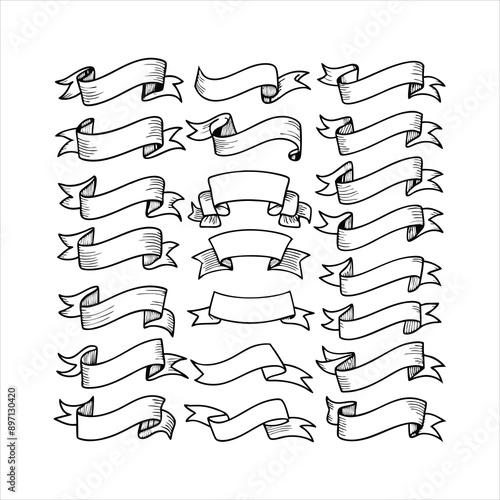 Hand-Drawn Monochrome Ribbon Vector Set – Elegant Decorative Elements