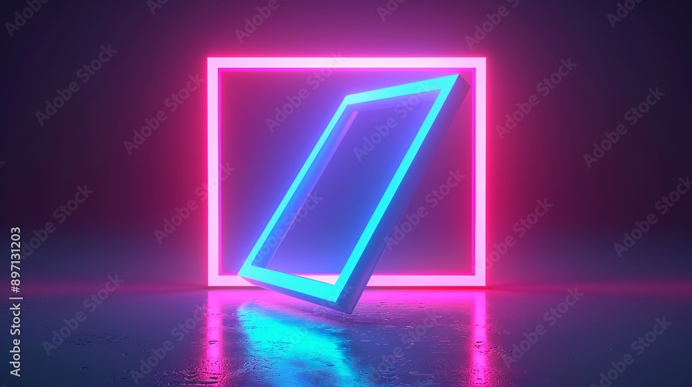 In a dark space with a wet floor, a blue neon square floats within a pink neon square In a dark space with a wet floor, a blue neon square floats within a pink neon square