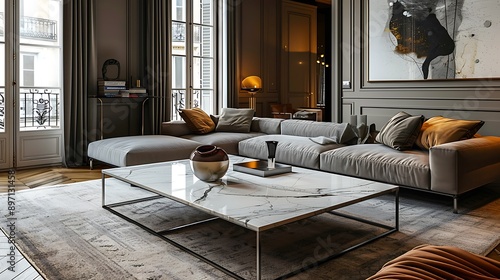 Contemporary coffee table with marble top and metal frame in a chic living room