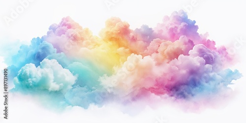 Vibrant soft pastel watercolor clouds float effortlessly against a bright white background, creating a whimsical and dreamy atmosphere perfect for creative design projects.