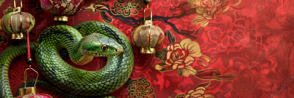Obraz premium A green snake is wrapped around red Chinese lanterns hanging on a red and gold background, symbolizing Chinese culture, tradition, good fortune, and the cycle of life.