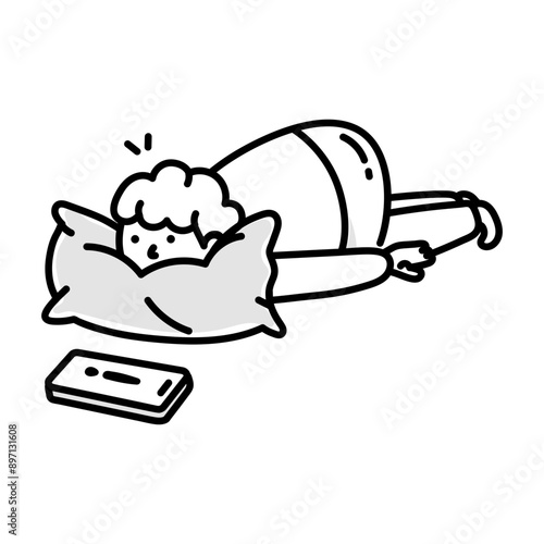 Sad man laying down on pillow, doodle style icon 

