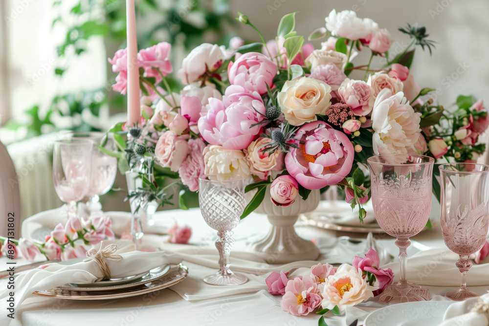 Elegant, beautiful table setting with bouquet of peonies and roses in center. Close-up. Concept of wedding feast, festive dinner. Crystal glasses and porcelain plates create romantic atmosphere. Elegant, beautiful table setting with bouquet of peonies and roses in center. Close-up. Concept of wedding feast, festive dinner. Crystal glasses and porcelain plates create romantic atmosphere.